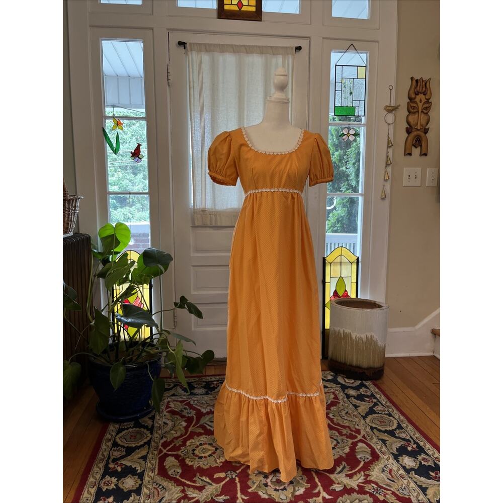 Vintage S 1960s 70s Handmade Apricot Bridesmaid Dress Polka Dot Daisy Retro Maxi - Picture 3 of 12